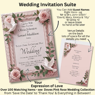 Gästeliste, rosa Rosen & Tauben Hochzeit Einladung