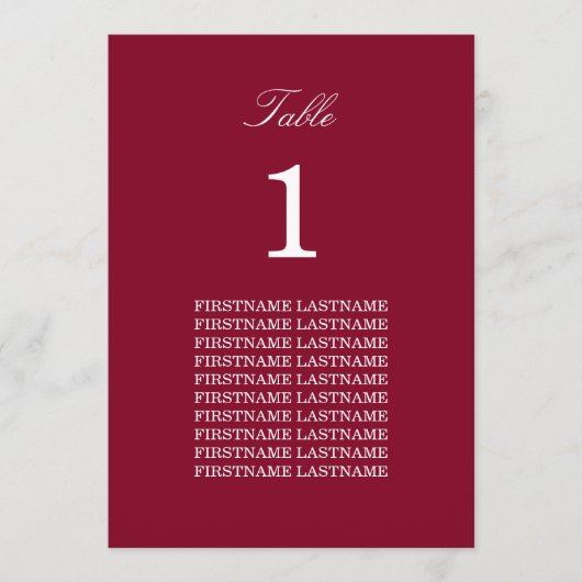 Gästennamen Burgundy Red Table Card (Vorderseite)