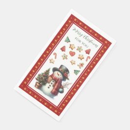 Gästetuch mit Schneemann und Weihnachtskeksen Rot Serviette