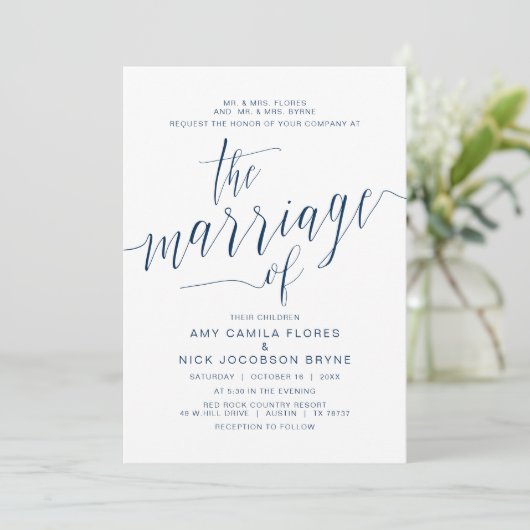 Gastgeber für Eltern, Blaue Navy-Kalligrafie, Ehe Einladung (Stehend Vorderseite)