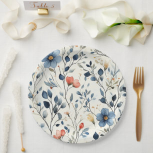 Gastgeberin Gartenparty Blaue Blumen Wasserfarbe Pappteller