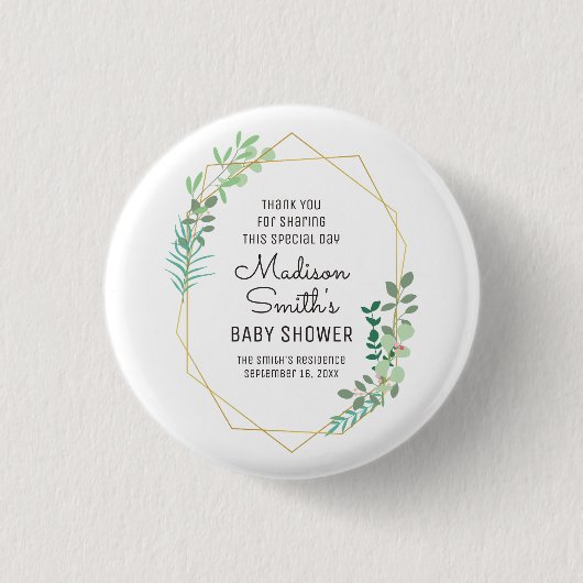 Gastgeschenk für geometrische und grüne Babydusche Button (Vorderseite)