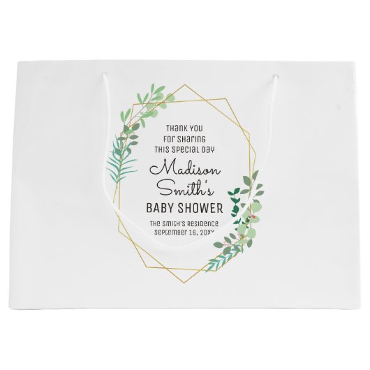 Gastgeschenk für geometrische und grüne Babydusche Große Geschenktüte (Vorderseite)