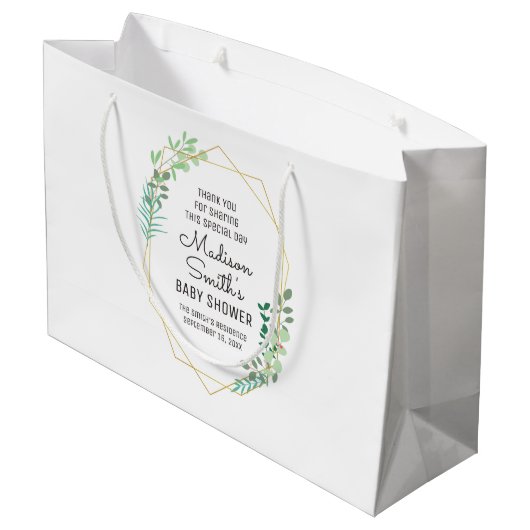 Gastgeschenk für geometrische und grüne Babydusche Große Geschenktüte (Rückseite Schrägansicht)