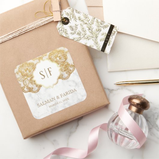 Gastgeschenk Hochzeit aus weißem Marmor Quadratischer Aufkleber (Schenken)