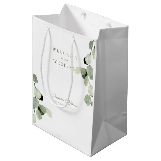 Gastgeschenk Hochzeit Begrüßung Grüne Gold Text Mittlere Geschenktüte (Vorderseite Schrägansicht)