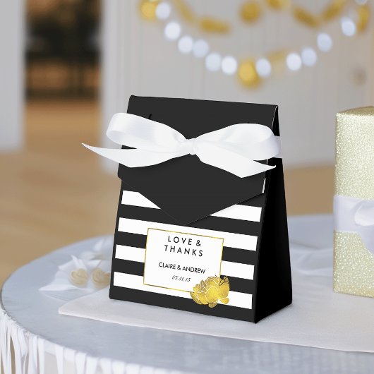 Gastgeschenk Hochzeit | Black Strip & Gold Peony Geschenkschachtel