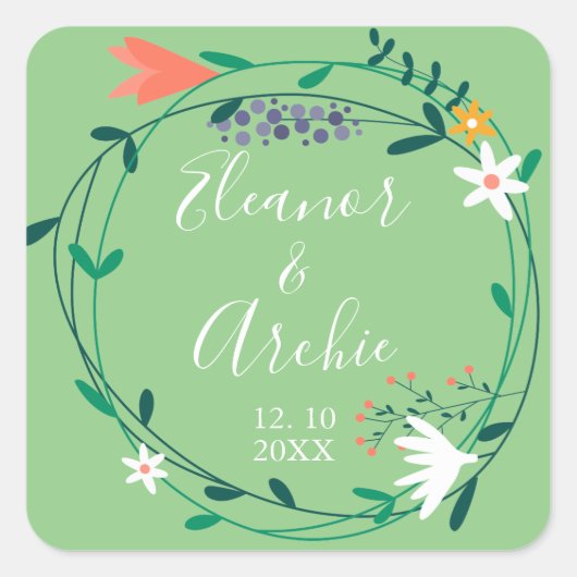 Gastgeschenk Hochzeit Flora Quadratischer Aufkleber (Vorderseite)
