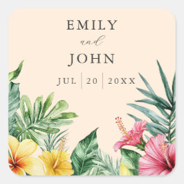 Gastgeschenk Hochzeit für tropische Blume Peach Wa Quadratischer Aufkleber