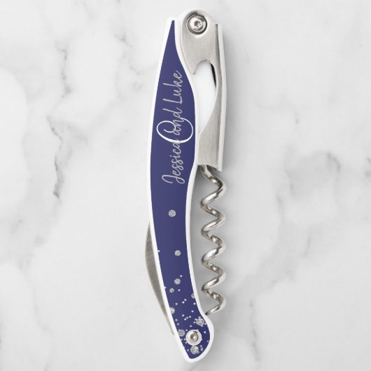 Gastgeschenk Hochzeit Geschenk Elegant Navy Silver Kellnermesser (Rückseite)