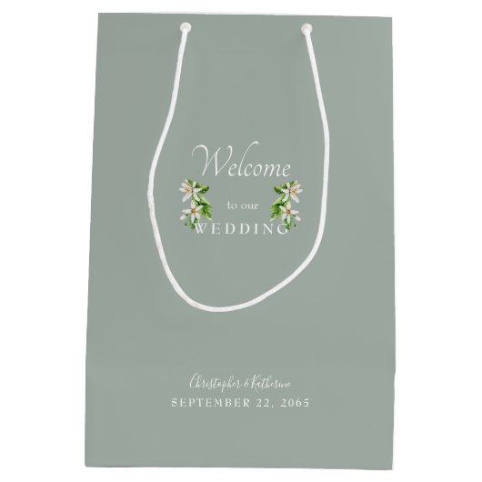 Gastgeschenk Hochzeit Light Sage Names Floral Mittlere Geschenktüte (Rückseite)