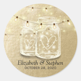 Gastgeschenk Hochzeit Mason Jar String Lights Gold Runder Aufkleber