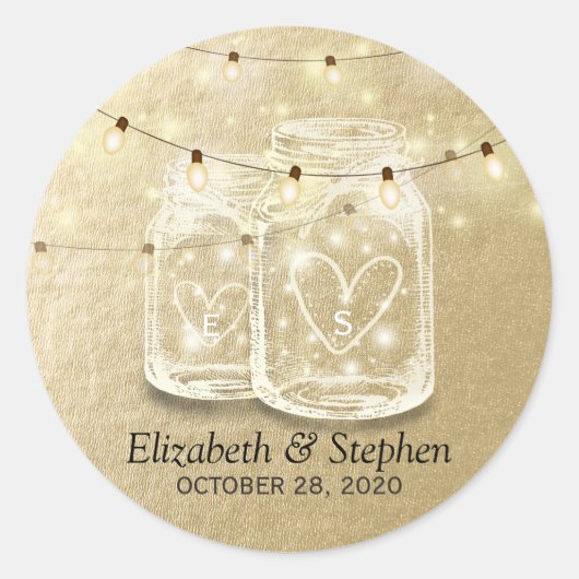 Gastgeschenk Hochzeit Mason Jar String Lights Gold Runder Aufkleber (Vorderseite)