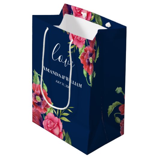 Gastgeschenk Hochzeit Rot und Rosa Blume Dunkle Ma Mittlere Geschenktüte (Vorderseite Schrägansicht)