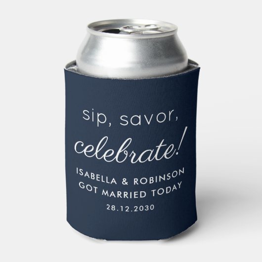 Gastgeschenk Hochzeit Sip Savor Celebrate Navy Blu Dosenkühler (Kanne Vorderseite)