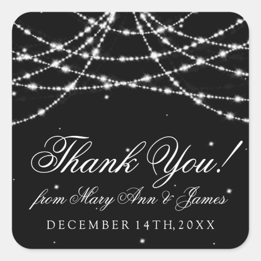 Gastgeschenk Hochzeit Tag Sparkling String Black Quadratischer Aufkleber (Vorderseite)