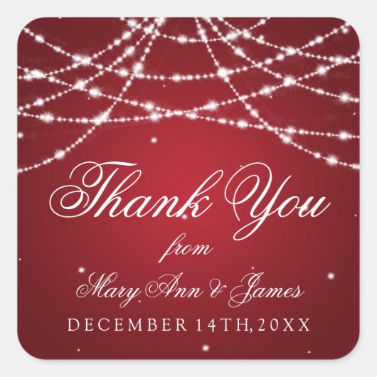Gastgeschenk Hochzeit Tag Sparkling String Red Quadratischer Aufkleber (Vorderseite)