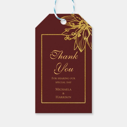 Gastgeschenk Hochzeit von Burgund und Goldflora Geschenkanhänger (Vorderseite)