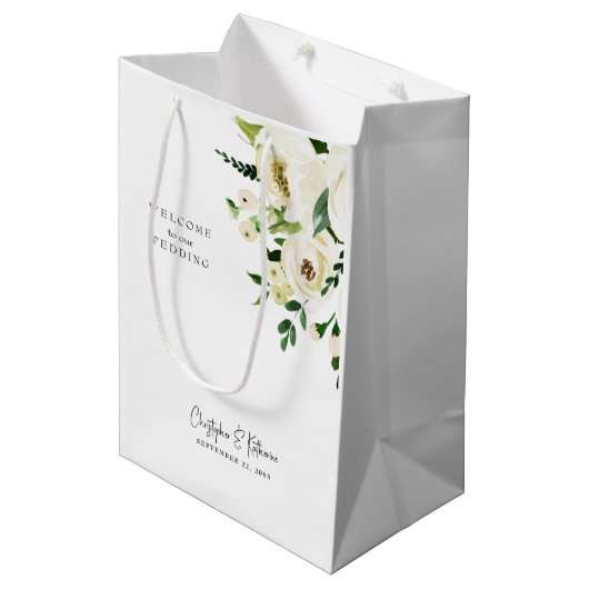 Gastgeschenk Hochzeit Welcome White Floral Mittlere Geschenktüte (Vorderseite Schrägansicht)