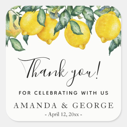 Gastgeschenk Hochzeitsaufkleberzitronen und -grün Quadratischer Aufkleber (Vorderseite)
