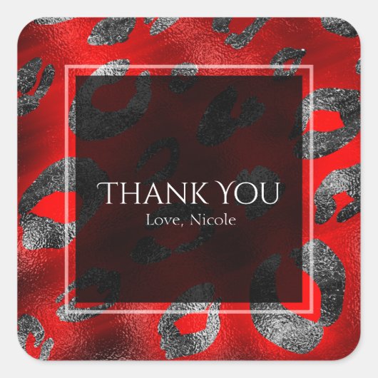 Gastgeschenk mit rotem und silberem Leopard Quadratischer Aufkleber (Vorderseite)