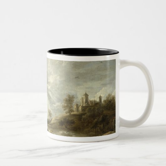 Gasthaus durch einen Fluss Zweifarbige Tasse (Rechts)