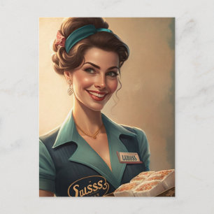 Gastronomierende Dame Hostess mit Essen Postkarte