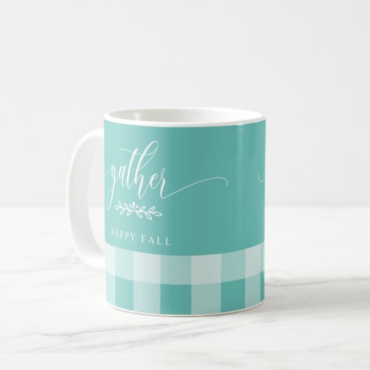 Gather Happy Fall Aquamarin & White Buffalo Karo Kaffeetasse (Vorderseite Links)
