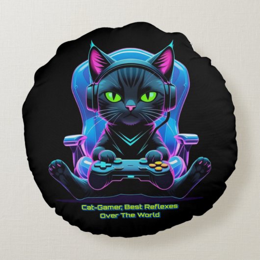 Gato gamer futurista con joystick y actitud felina rundes kissen (Rückseite)