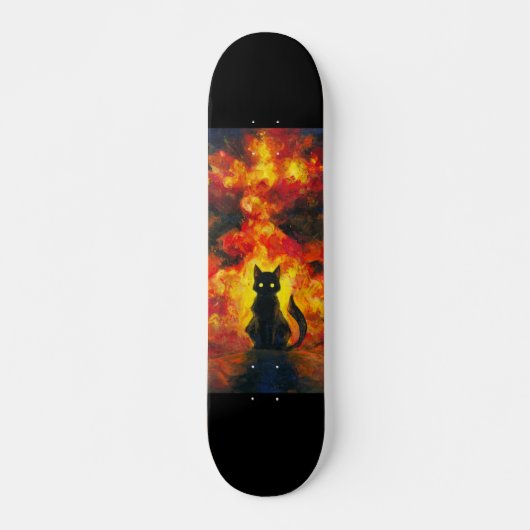 Gato Negro en Estilo Acuarela con Fondo Llameante Skateboard (Vorne)