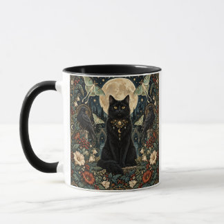 Gato Negro Gótico Celestial con Luna y Cuervos. Tasse