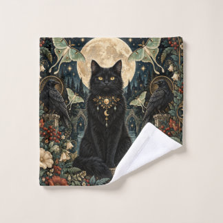 Gato Negro Gótico Celestial con Luna y Cuervos. Waschlappen