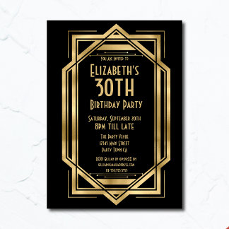 Gatsby 1920er Art Deco Black | Gold 30. Geburtstag Einladung