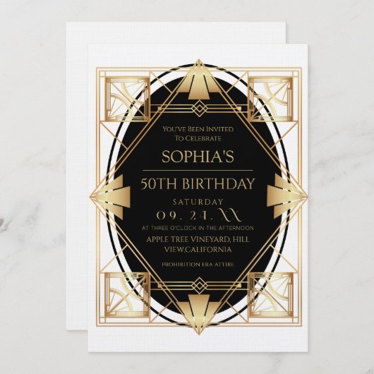 Gatsby Art Deco 50th Birthday Party Einladung (Vorne/Hinten)