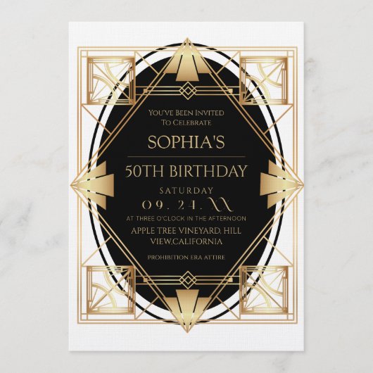 Gatsby Art Deco 50th Birthday Party Einladung (Vorderseite)