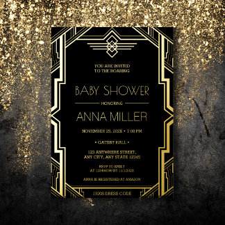 Gatsby Art Deco Black and Gold Baby Dusche Folieneinladung