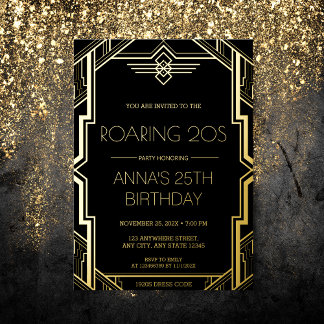 Gatsby Art Deco Black and Gold Geburtstagsparty Folieneinladung