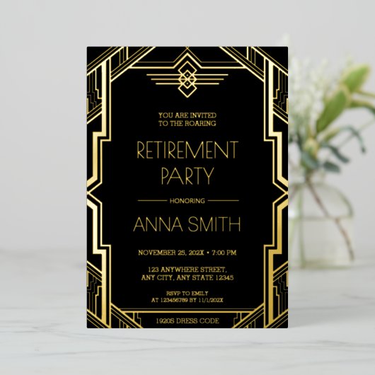 Gatsby Art Deco Black and Gold Retirement Party fo Folieneinladung (Stehend vorne)