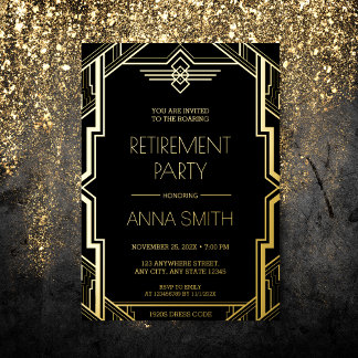 Gatsby Art Deco Black and Gold Retirement Party fo Folieneinladung