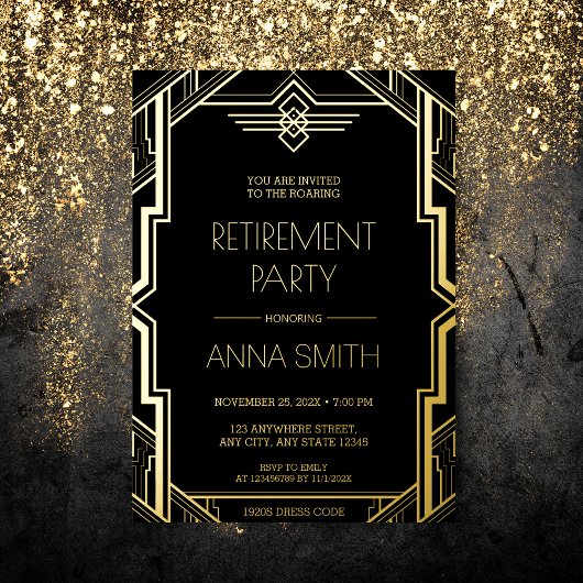 Gatsby Art Deco Black and Gold Retirement Party fo Folieneinladung