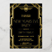 Gatsby Art Deco Black and Gold Silvester Party Folieneinladung (Vorderseite)
