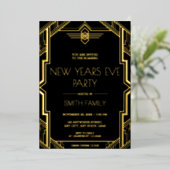 Gatsby Art Deco Black and Gold Silvester Party Folieneinladung (Stehend vorne)