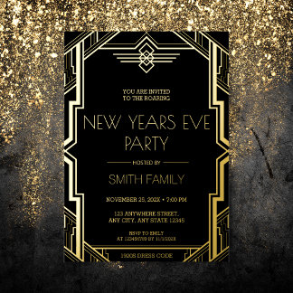Gatsby Art Deco Black and Gold Silvester Party Folieneinladung