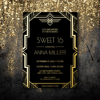 Gatsby Art Deco Black and Gold Sweet 16 Folieneinladung
