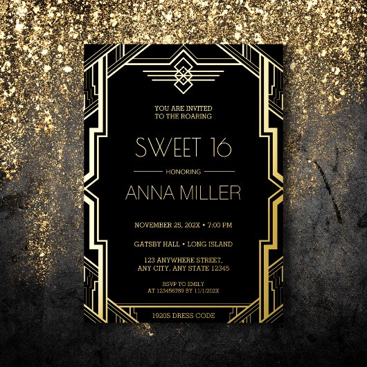 Gatsby Art Deco Black and Gold Sweet 16 Folieneinladung
