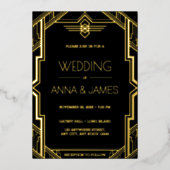 Gatsby Art Deco Black and Gold Wedding Folieneinladung (Vorderseite)
