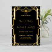 Gatsby Art Deco Black and Gold Wedding Folieneinladung (Stehend vorne)