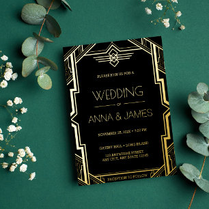 Gatsby Art Deco Black and Gold Wedding Folieneinladung