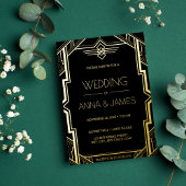 Gatsby Art Deco Black and Gold Wedding Folieneinladung