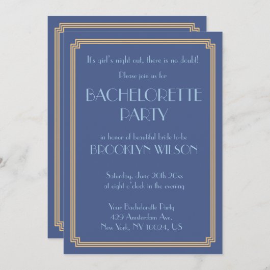 Gatsby Art Deco Blue Bachelorette Party Invitation Einladung (Vorne/Hinten)